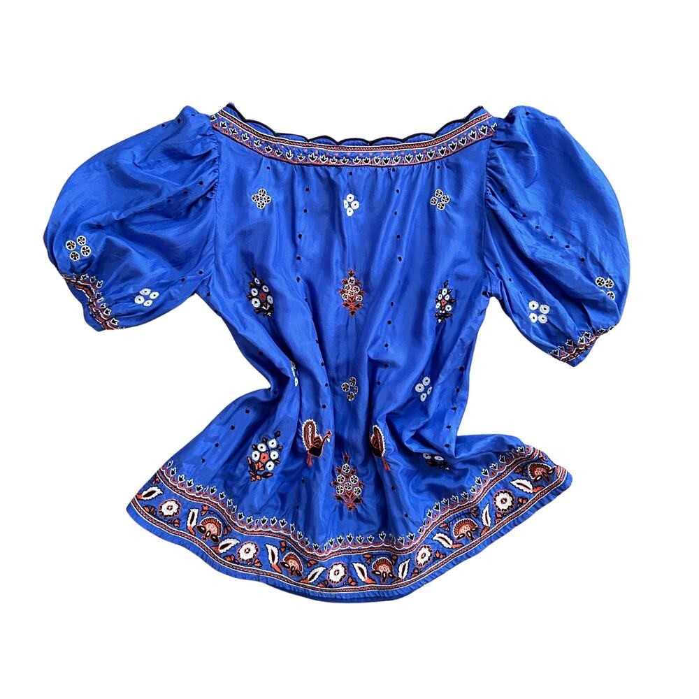 100% Embroidered Silk Blue Peasant Blouse, Lithe